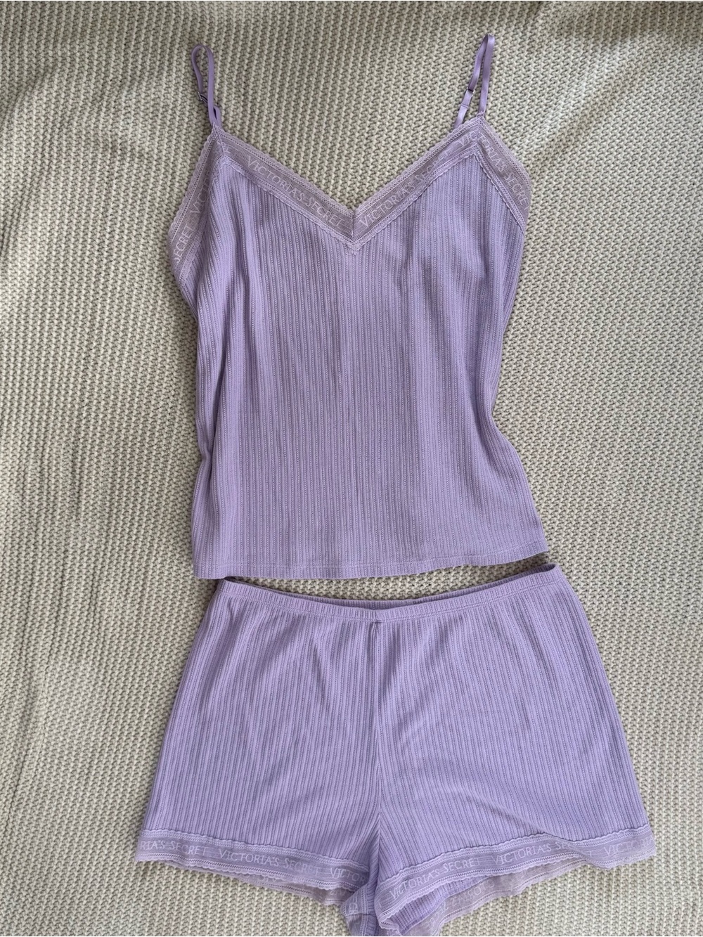 Victoria's Secret Lace Trim Pointelle Cami Shorts Pajama Set Lilac Purple Med